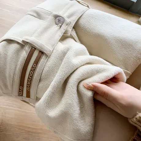 加绒哈伦牛仔裤女加厚冬季2024年新款米白色休闲高腰直筒老爹裤子商品大图