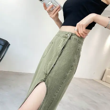 复古开叉牛仔半身裙女夏季薄款高腰军绿色中长款不规则a字长裙子图片