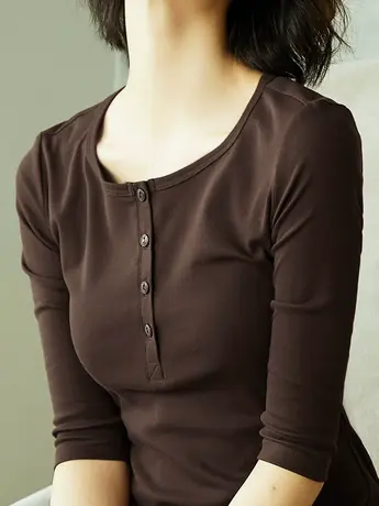 长袖t恤女2023春季新款时尚洋气中袖体恤圆领针织上衣内搭打底衫商品大图