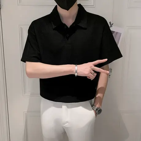 夏季男士t恤polo衫短袖翻领半袖宽松潮牌潮流华夫格格子纯色体恤商品大图