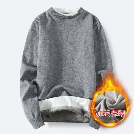 毛衣男士上衣加绒加厚潮流宽松秋冬季纯色圆领内搭保暖打底针织衫商品大图