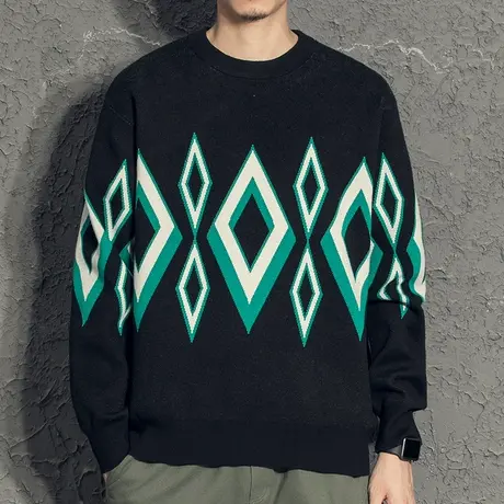 奕飏2020秋冬菱形设计圆领加厚套头毛衣韩版修身针织衫潮男士新款商品大图