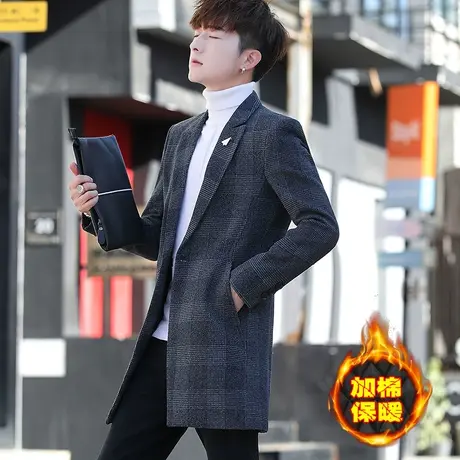 秋冬季男士西服中长款韩版帅气风衣潮流冬装加棉加厚呢子西装外套商品大图
