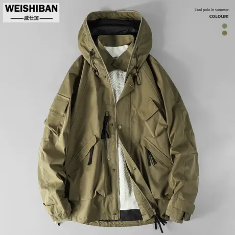 美式休闲工装连帽冲锋衣男士秋冬季机能风山系户外防风外套男夹克商品大图