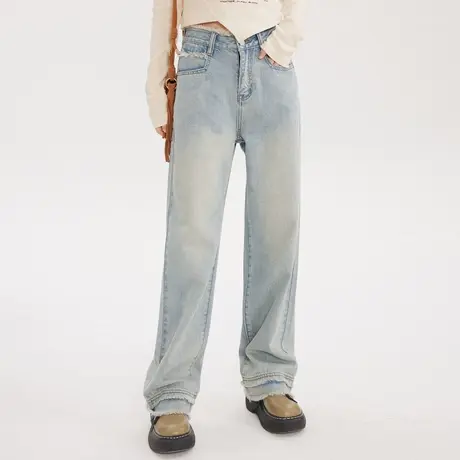 尔给梨形身材裤子女2023新款小众设计感宽松直筒浅色毛边牛仔裤图片