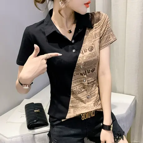 复古印花衬衫女短袖夏装小众设计感撞色上衣修身百搭气质衬衣寸潮商品大图