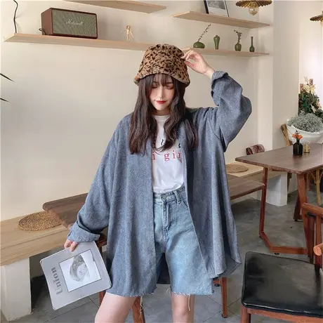 韩国灯芯绒上衣女原宿bf大码显瘦长袖宽松百搭学生开衫衬衣外套潮图片