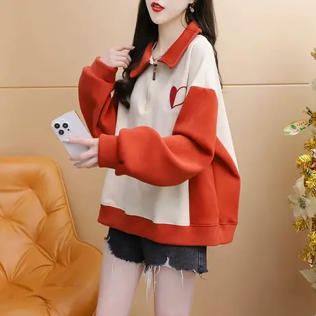 加绒加厚polo领卫衣女2024新款早春季宽松休闲百搭短款小个子上衣商品大图