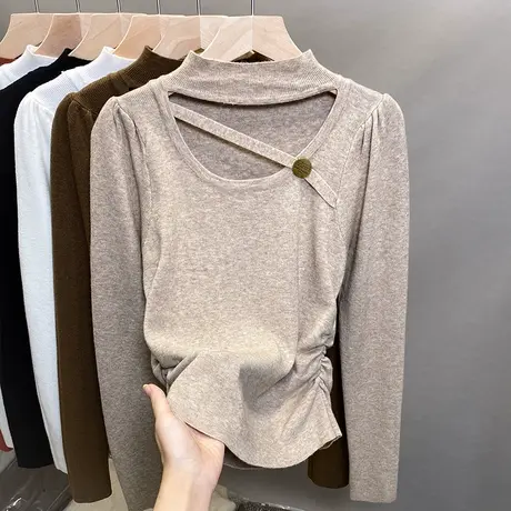 半高领毛衣女套头2023秋装新款泡泡袖针织衫抽褶打底衫内搭上衣潮商品大图