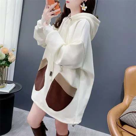 加绒加厚连帽卫衣女中长款2023年新款秋冬爆款洋气宽松设计感外套图片