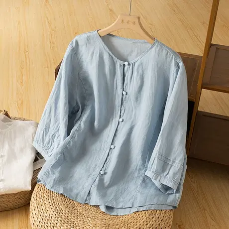 享永子七分袖苎麻T恤女夏文艺复古宽松棉麻小衫百搭休闲2024新款商品大图