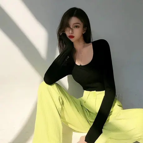 U领t恤女春秋季设计感小众修身长袖打底衫紧身内搭纯欲辣妹上衣服商品大图