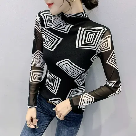 半高领加绒打底衫女内搭秋冬时尚印花网纱T恤长袖保暖洋气上衣商品大图