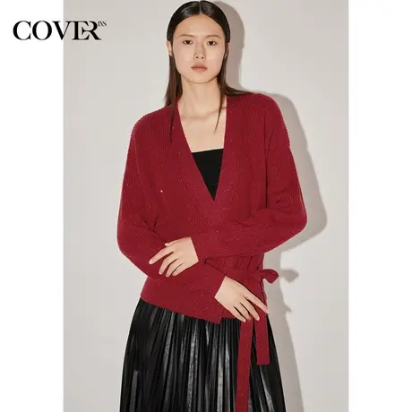 COVER秋季珠片绑带半围裹式羊毛毛织衫图片