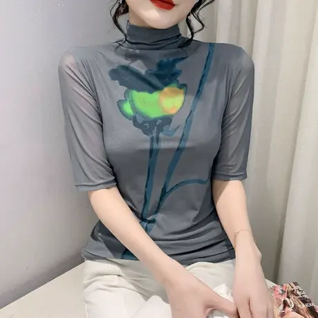 半高领五分袖T恤女春秋2024新款性感网纱妈妈打底衫内搭修身上衣图片