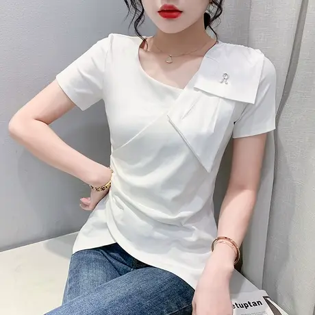 女装2024新款潮不规则网红T恤短袖洋气收腰开叉小衫设计感上衣夏商品大图