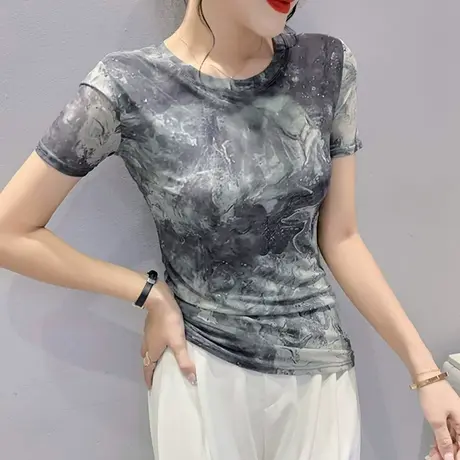 时尚晕染短袖T恤女士夏装2024新款气质网纱圆领上衣修身百搭小衫图片