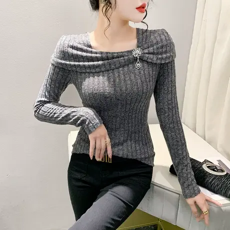 性感一字领T恤女长袖不规则蝴蝶结针织衫洋气修身套头内搭针织衫商品大图