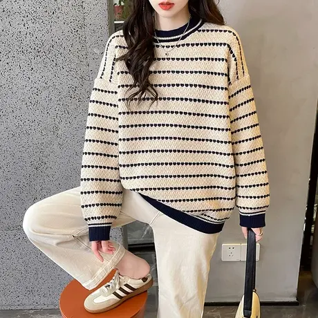 女士毛衣圆领针织衫条纹宽松百搭打底衫2023年秋冬新款洋气女内搭图片