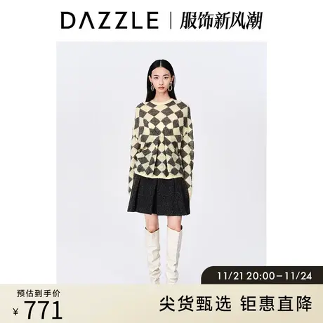 DAZZLE地素奥莱秋学院风马海毛别针装饰轻薄慵懒菱格千金毛衣女图片