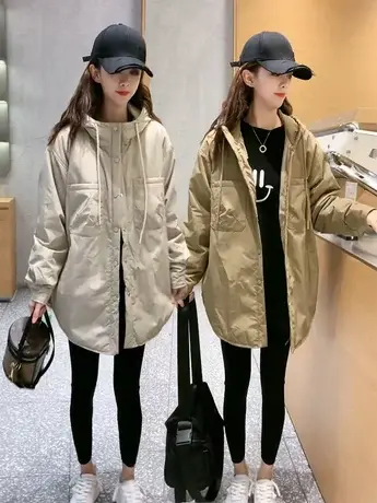 欧货连帽工装棉衣女中长款2023年冬季新款宽松小个子轻薄棉服外套图片