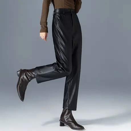 高级感黑色皮裤女秋冬2023新款显瘦裤子冬季休闲加绒裤九分哈伦裤商品大图