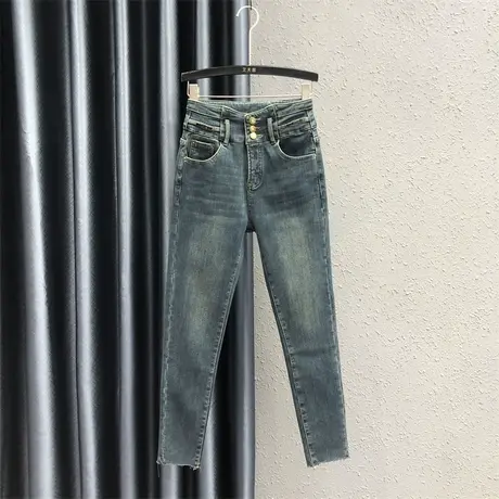 小个子紧身铅笔裤女2023秋冬新款三粒扣设计高腰百搭牛仔加绒长裤商品大图