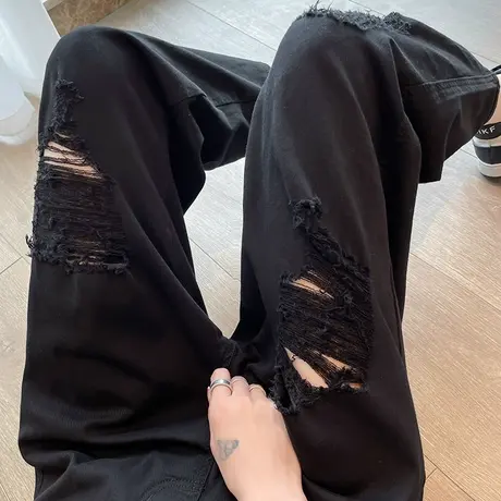 黑色破洞牛仔裤女九分2025秋季新款高腰宽松显瘦小个子哈伦老爹裤商品大图