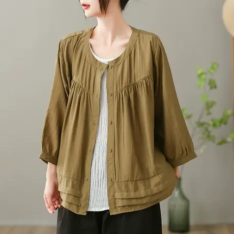 dza 复古纯色衬衫短外套女2023夏季宽松衬衣气质休闲外搭开衫上衣图片