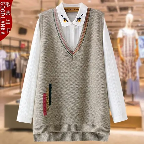 加肥加大码中年马夹毛衣女2022新款秋装宽松洋气妈妈V领针织马甲商品大图