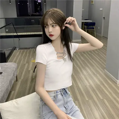 150小个子短袖t恤女夏短款高腰阔腿裤搭配的上衣服ins潮设计感145图片