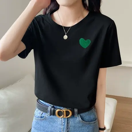 纯棉黑色爱心印花显瘦上衣2022新款夏季宽松圆领短袖t恤女半袖潮图片