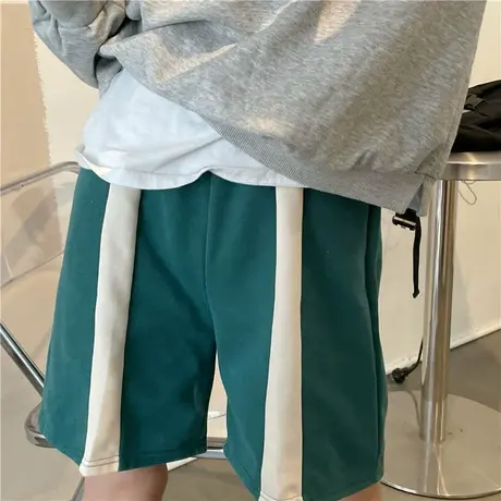 红续韩版休闲短裤女运动宽松高腰小众设计感拼接撞色直筒阔腿五分商品大图