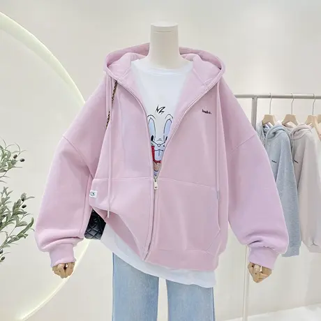 简约拉链连帽外套女2023春秋新款休闲慵懒风oversize宽松开衫卫衣商品大图