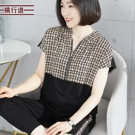 连帽拉链印花短袖2024夏装新款宽松休闲女上衣拼接纯色大码衫外穿商品大图