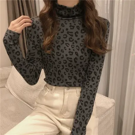 2024年春秋季内搭洋气高领豹纹长袖t恤上衣服百搭秋冬打底衫女装商品大图