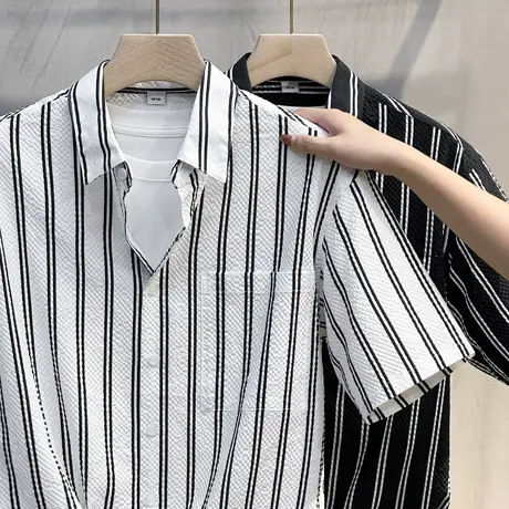 竖条纹短袖衬衫男高级感提花宽松男士休闲衬衣潮流商务男装夏季商品大图