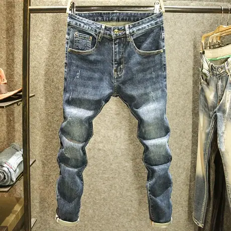 秋季深蓝色牛仔裤男款修身弹力小脚裤高端烫印潮牌猫须裤子男厚款商品大图