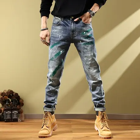 破洞漆点涂鸦个性潮牌牛仔裤男修身小脚弹力欧货泼墨百搭潮流长裤商品大图