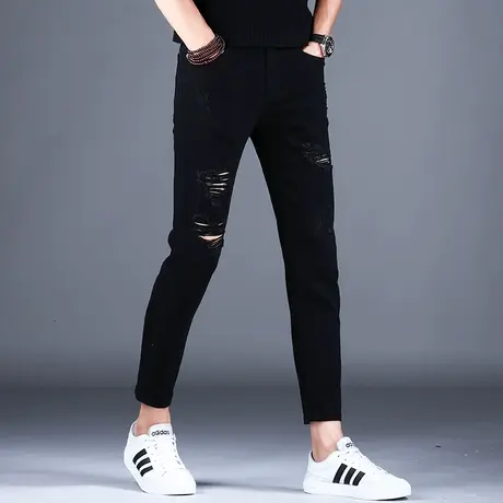 男士破洞黑色九分牛仔裤男款修身小脚裤子男休闲9分2023新款秋冬商品大图