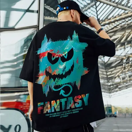 超火cec短袖男潮流印花小恶魔体恤衫ins港风半袖潮牌大码五分袖潮商品大图