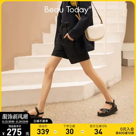 BeauToday黑色罗马凉鞋女鞋法式松糕厚底凉鞋女夏高跟鞋软底平底商品大图