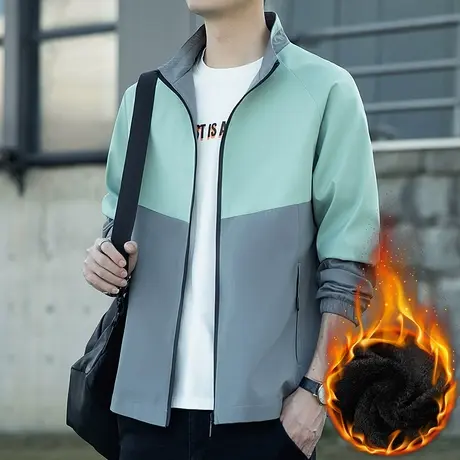 冬季男款加绒保暖加厚立领夹克上衣秋冬款潮牌撞色棒球服外套冬装商品大图