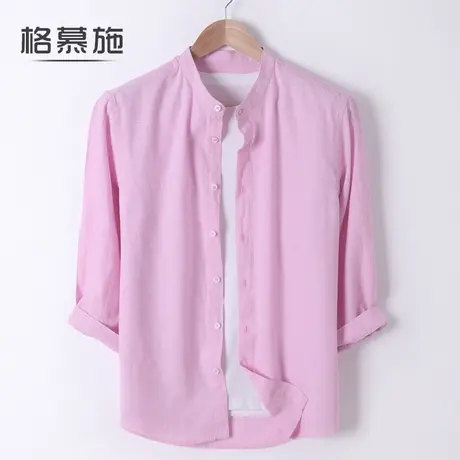格慕施七分袖棉麻衬衫男士休闲透气大码宽松亚麻衬衣舒适男装图片