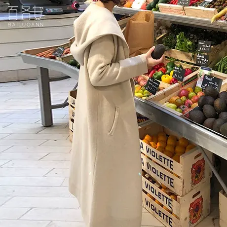 百洛安连帽针织衫开衫女秋冬新款韩版宽松长款过膝毛衣外套外搭厚图片