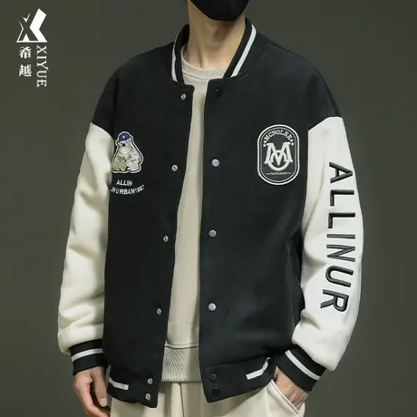 希越羊羔绒棒球服美式棉服男秋冬季加绒加厚宽松大码男士外套夹克商品大图