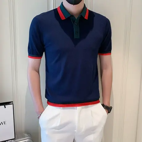 夏季男士polo衫t恤短袖翻领修身撞色设计重磅针织衫潮流休闲商务商品大图