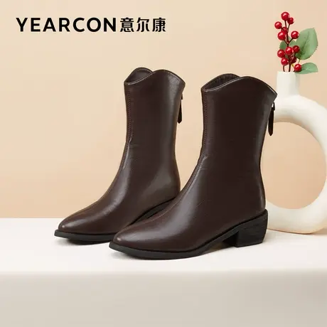 意尔康女鞋冬季加绒中筒靴V口女士粗跟尖头英伦风气质高级感皮靴商品大图