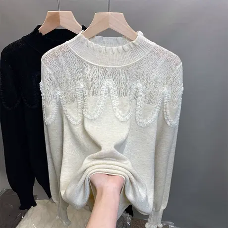 蕾丝半高领毛衣女镂空打底衫2023秋冬新款外穿针织衫内搭洋气上衣商品大图