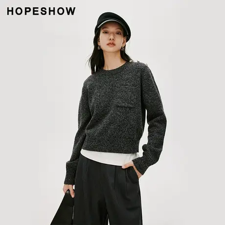 红袖老钱风H型圆领针织衫hopeshow2024春新款套头宽松休闲毛衣女商品大图
